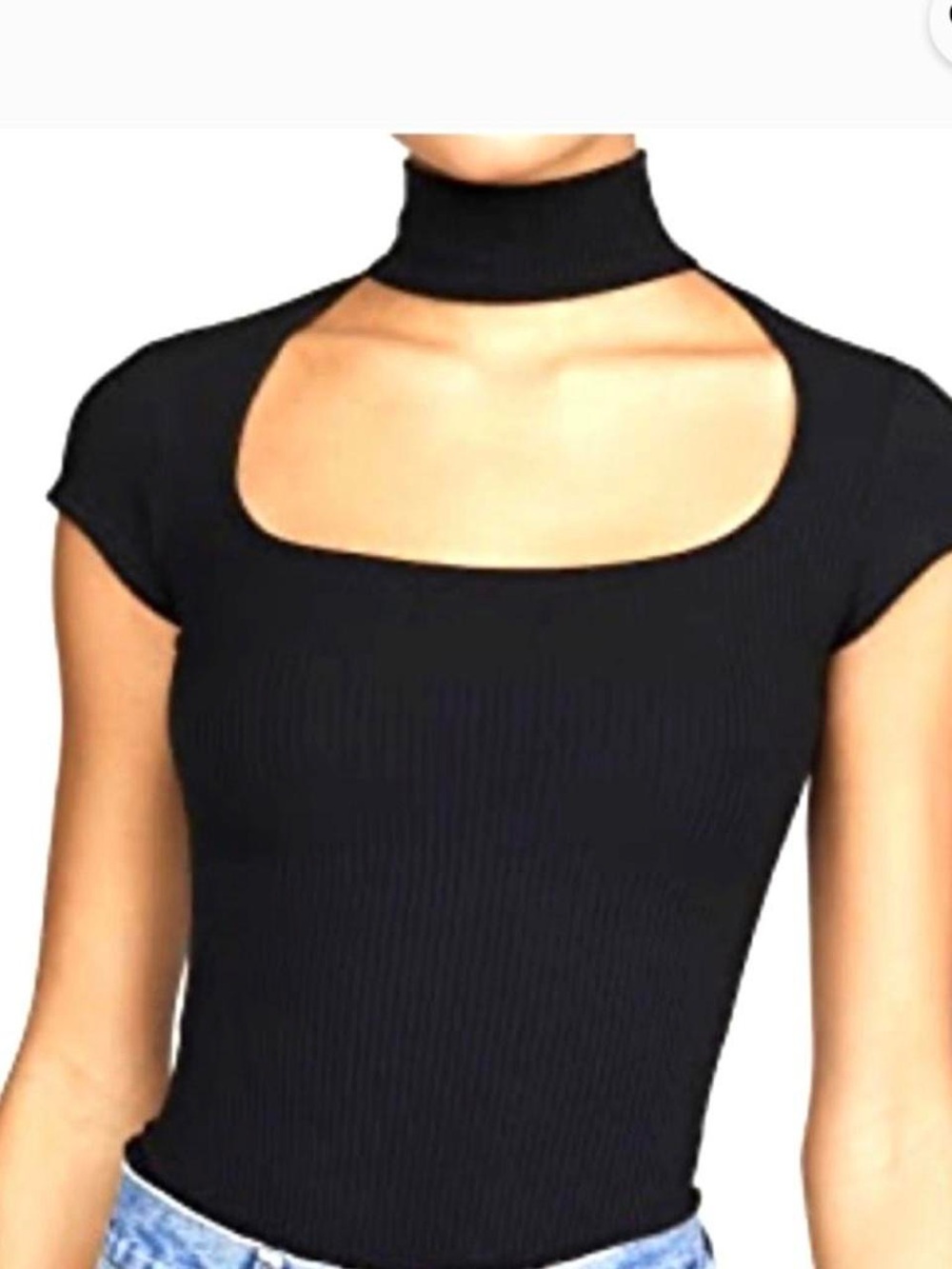 Reformation Black Ribbed Square Neckline Short Sleeve Top